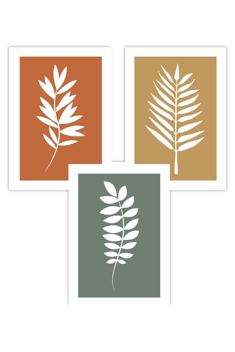 Set of 3 Orange Yellow Green Graphical Leaves Art Posters