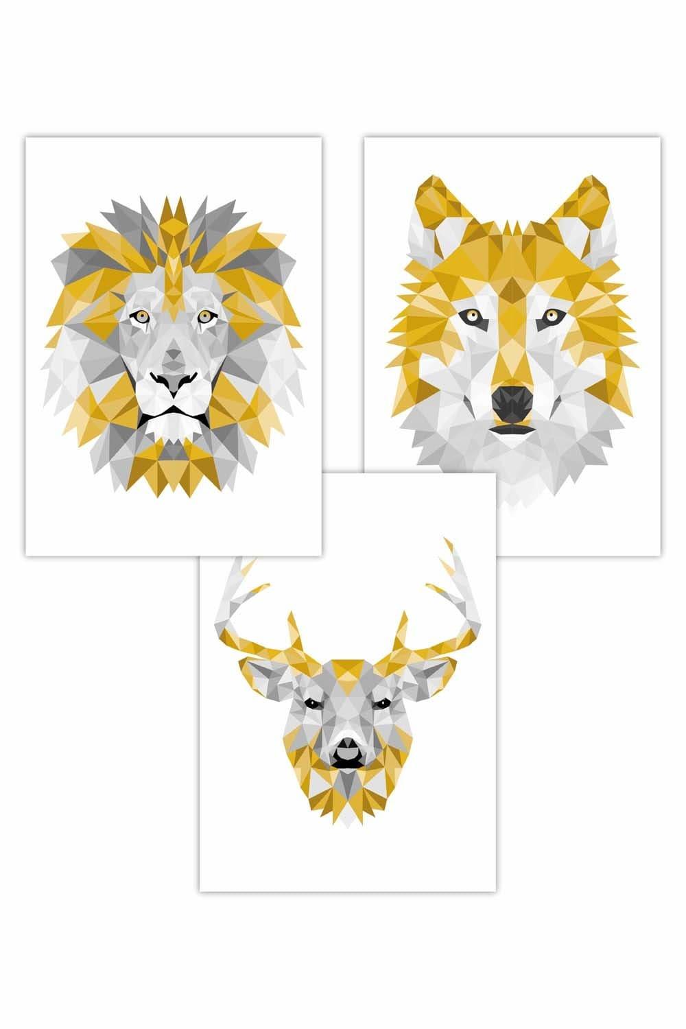 Set of 3 Geometric Yellow Grey Animal Heads Art Posters