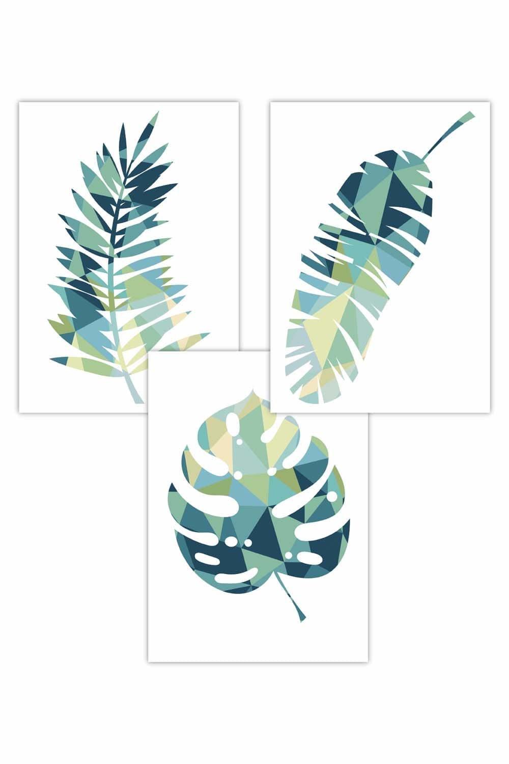 Set of 3 Geometric Tropical Leaves In Teal Blue Green Art Posters
