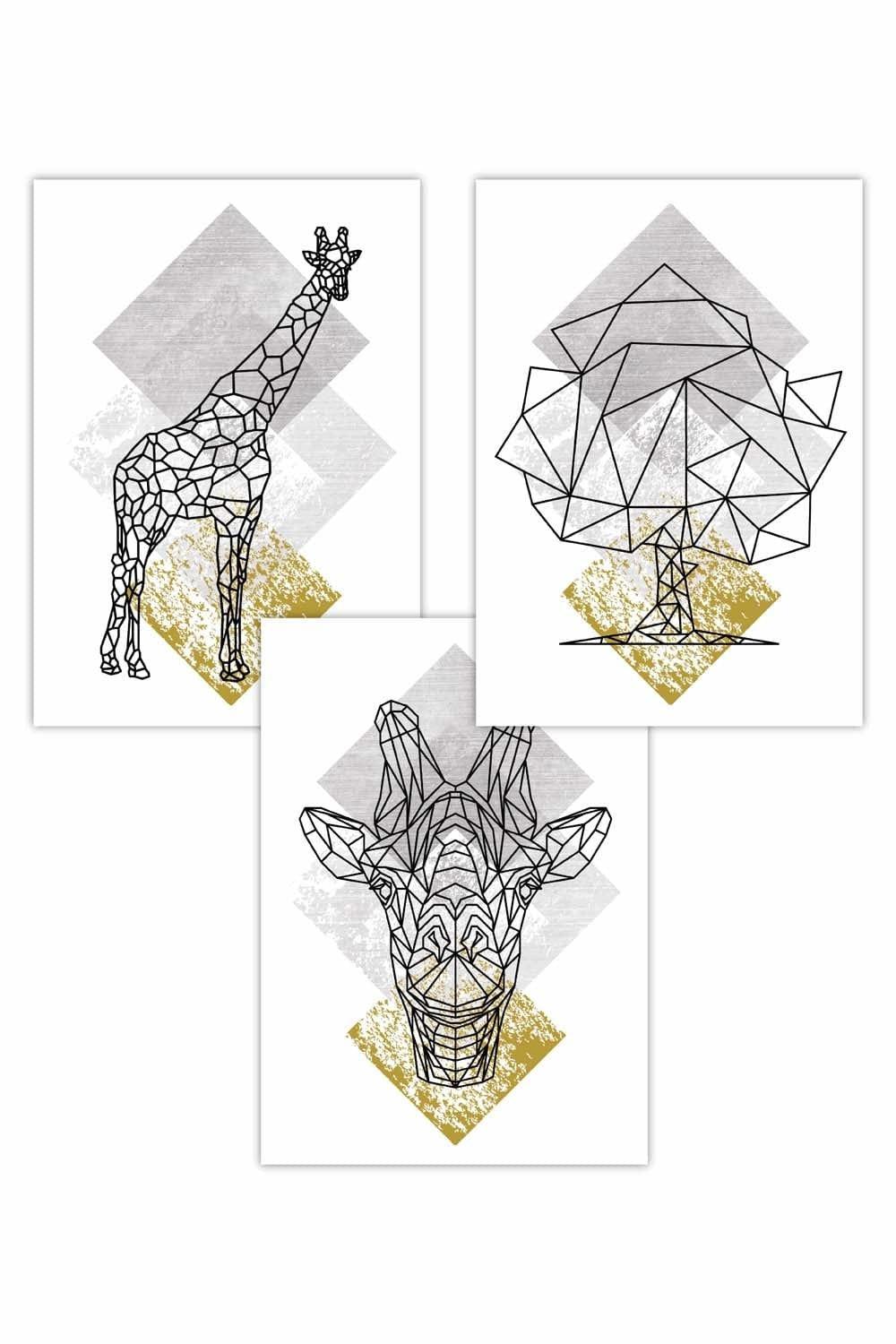 Set of 3 Geometric Line Art Yellow Giraffe Art Posters
