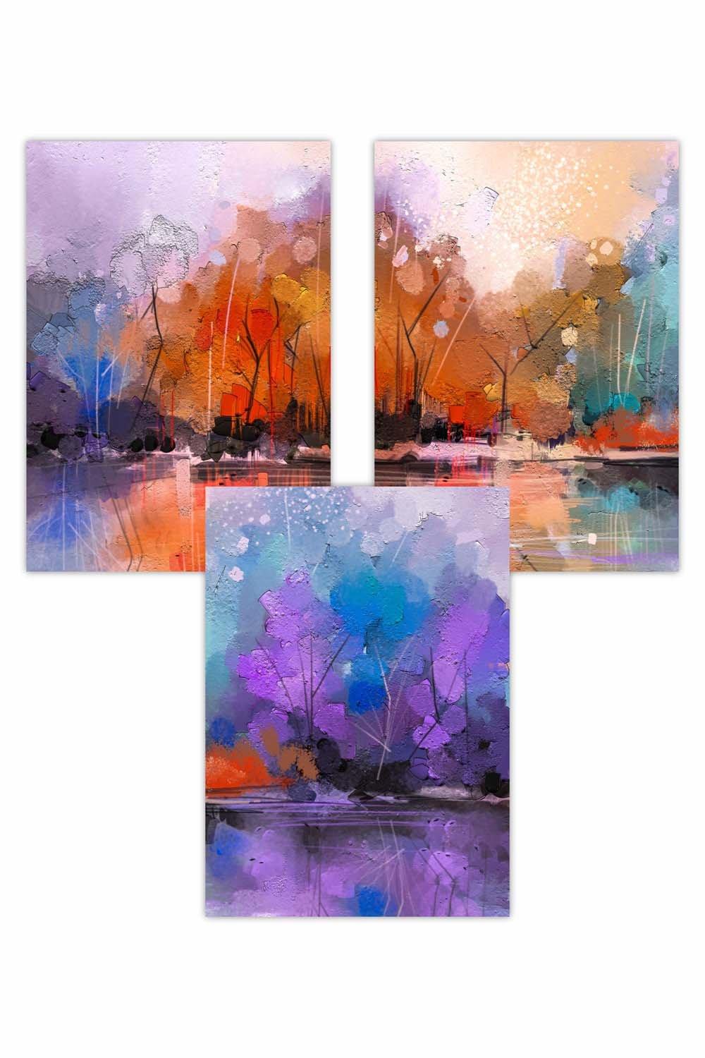 Set of 3 Abstract Purple Orange Violet Dawn Art Posters