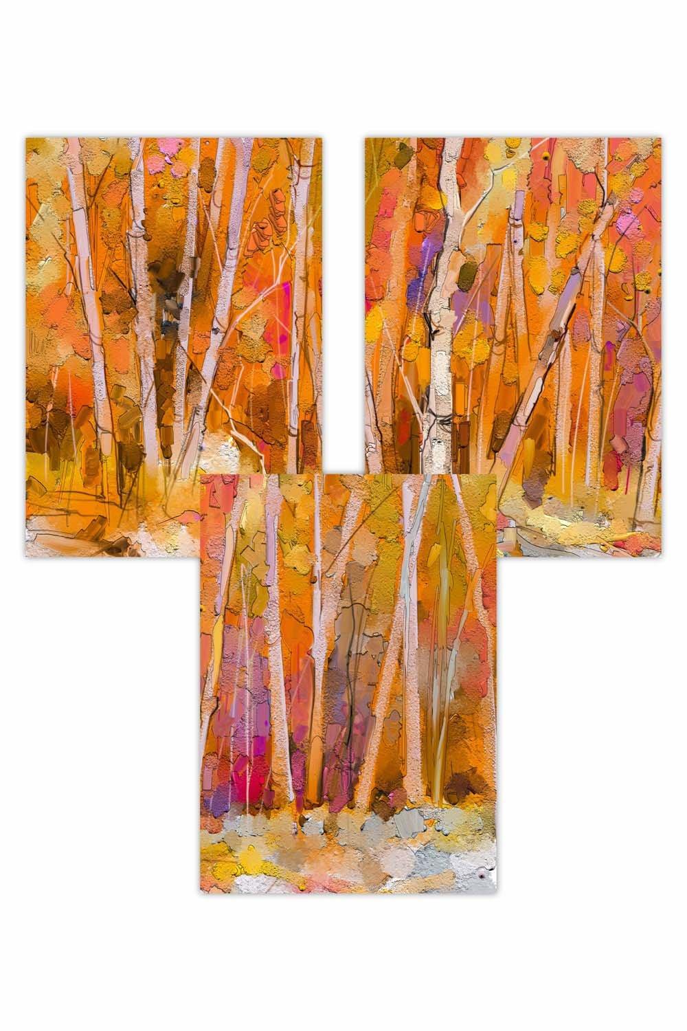 Set of 3 Abstract Autumn Trees in Orange Art Posters