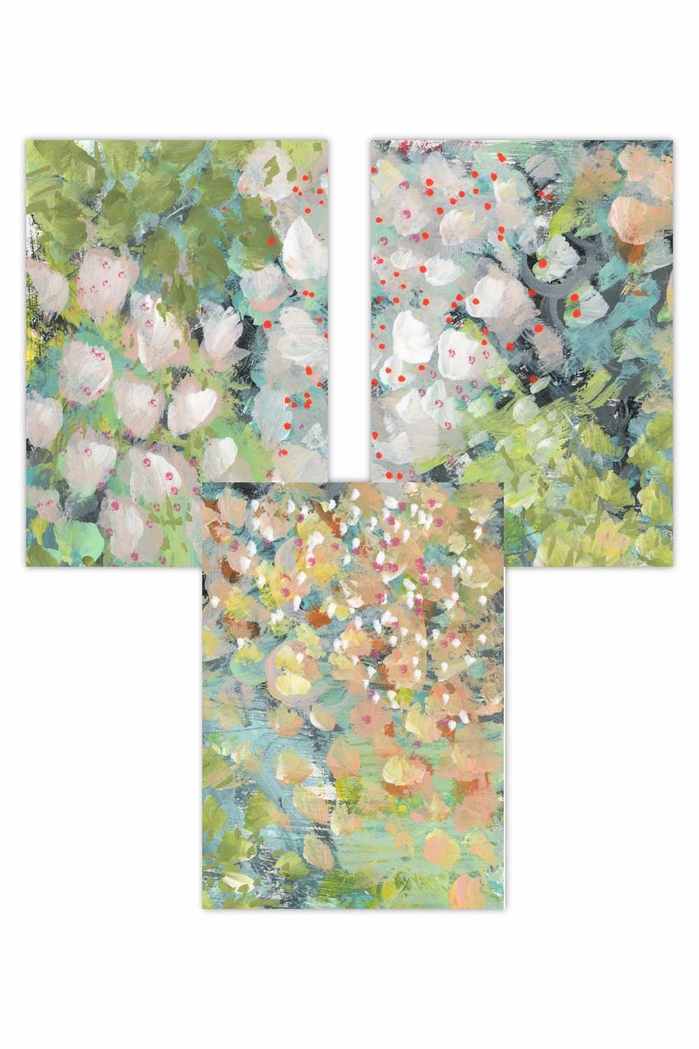 Set of 3 Abstract Cottage Garden Flowers in Green Art Posters