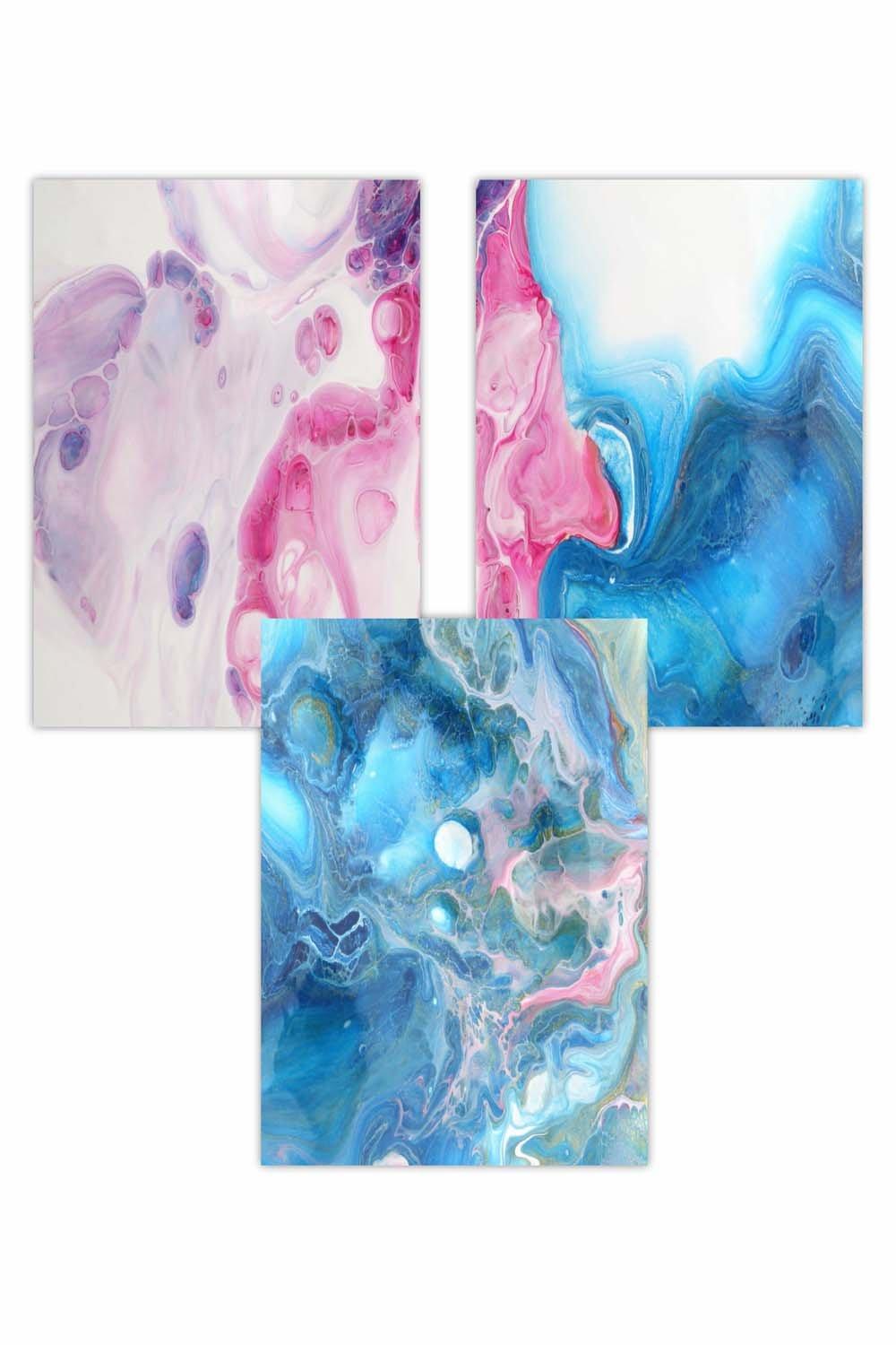 Set of 3 Abstract Fluid Marble in Blue and Pink Art Posters