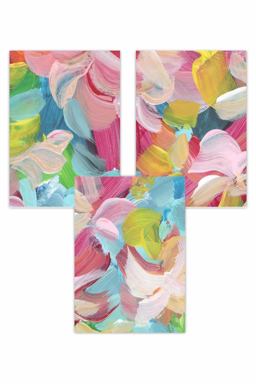 Set of 3 Abstract Wild Garden Flowers in Pink and Blue Art Posters