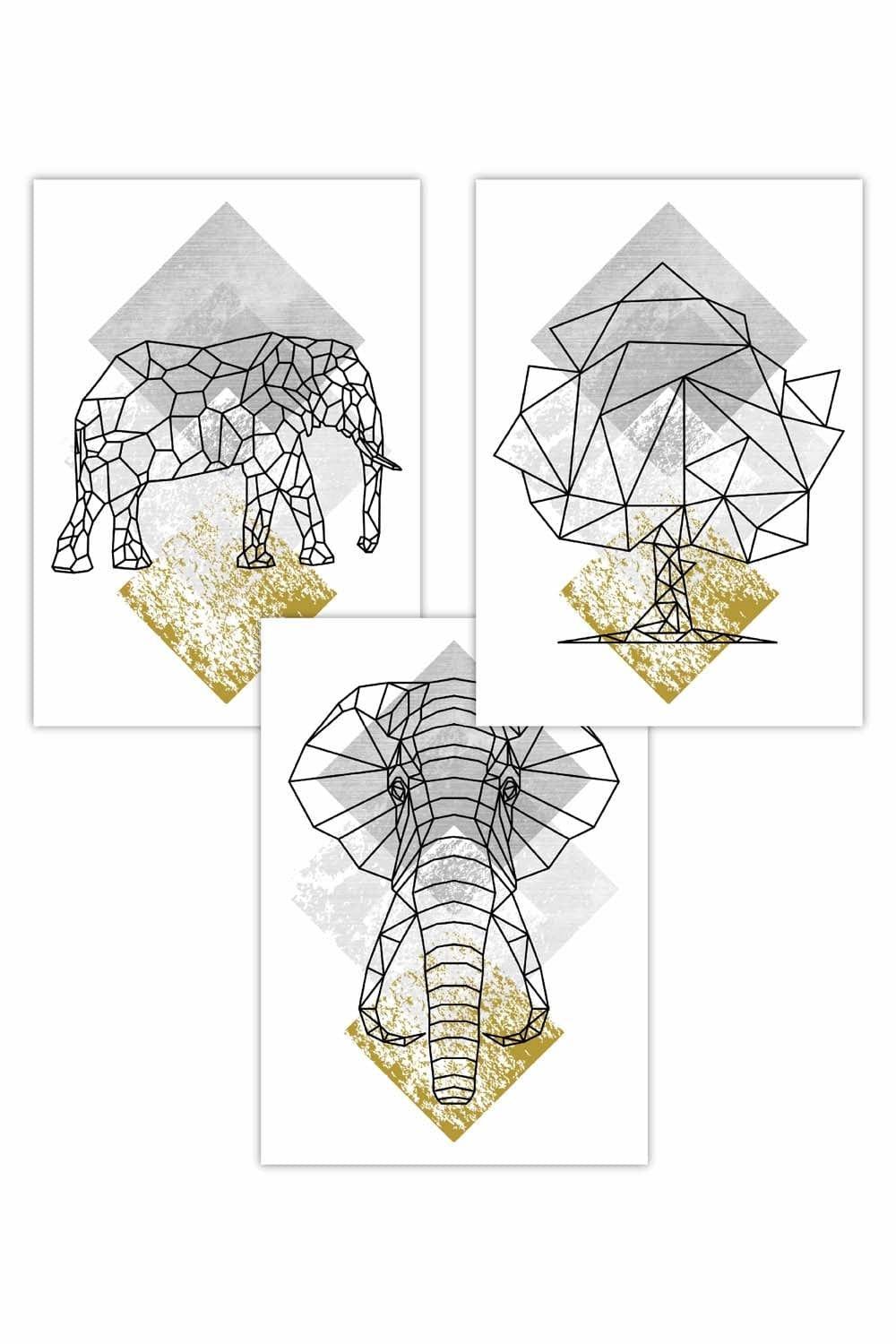Set of 3 Geometric Line Art Yellow Elephant Art Posters