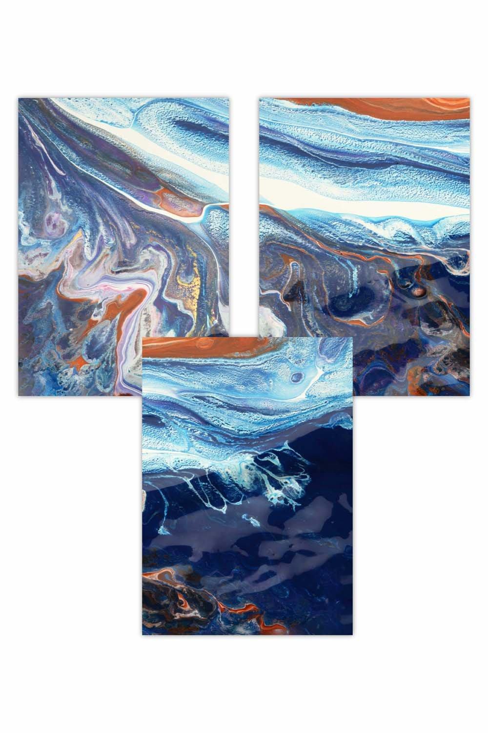 Set of 3 Abstract Blue and Orange Ocean Art Posters