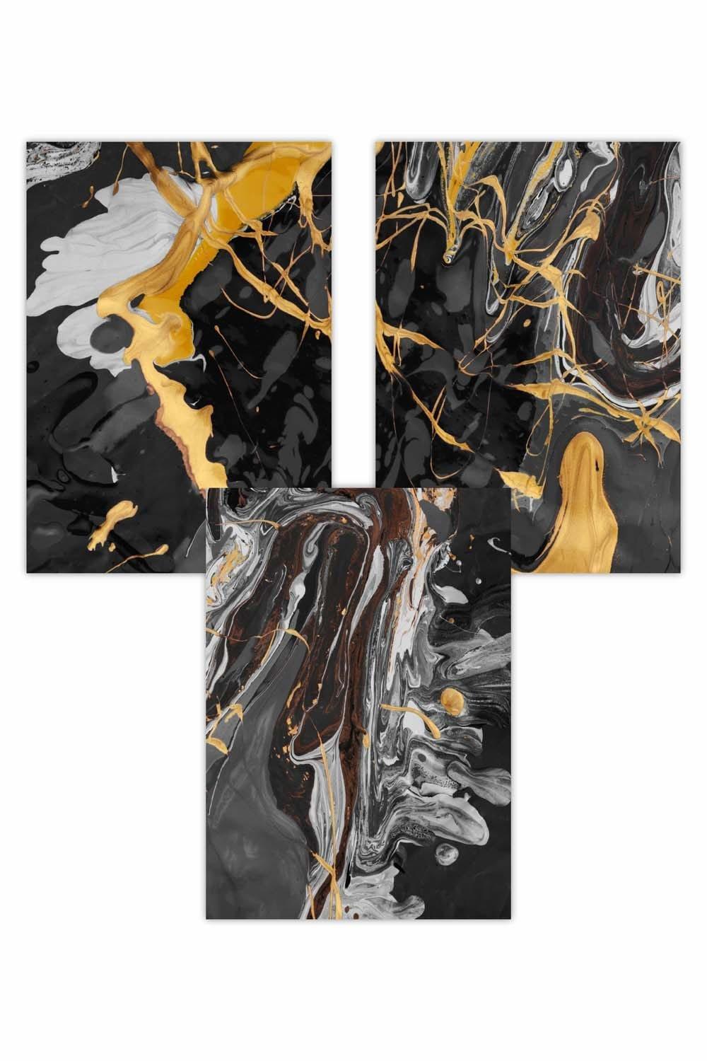 Set of 3 Abstract Black and Yellow Fluid Splatters Art Posters
