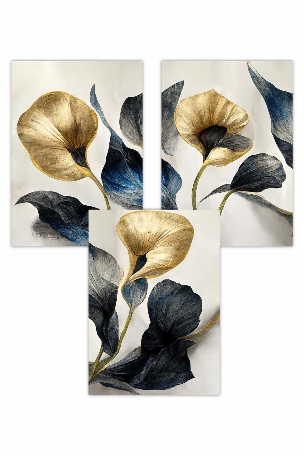 Set of 3  Abstract Lillies in Navy and Gold Art Posters