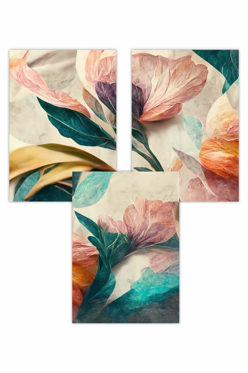 Set of 3  Abstract Petals in Teal and Pink Art Posters