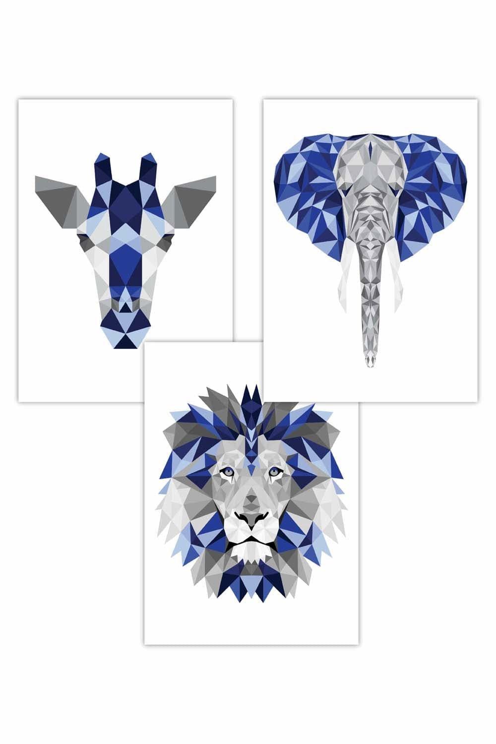 Set of 3 Geometric Navy Blue Grey Jungle Animal Heads Art Posters
