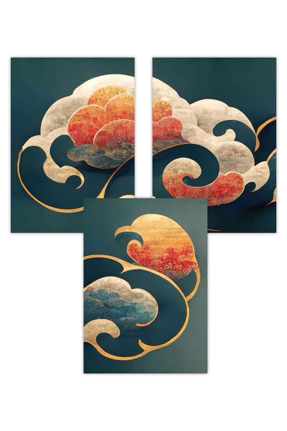 Set of 3  Abstract Clouds in Teal and Orange Art Posters