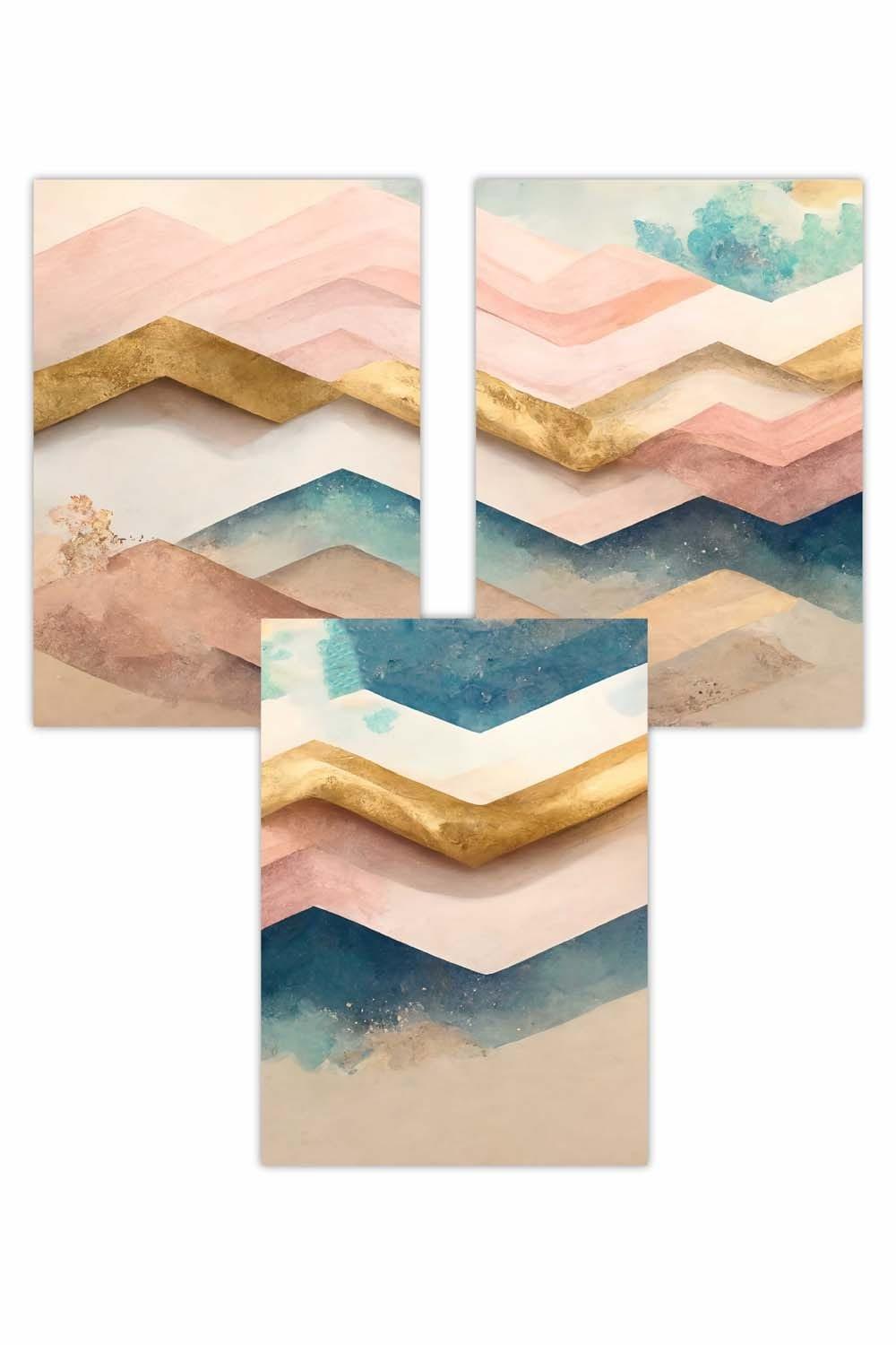 Set of 3 Herringbone Abstract in Pastel Pink Teal and Gold Art Posters