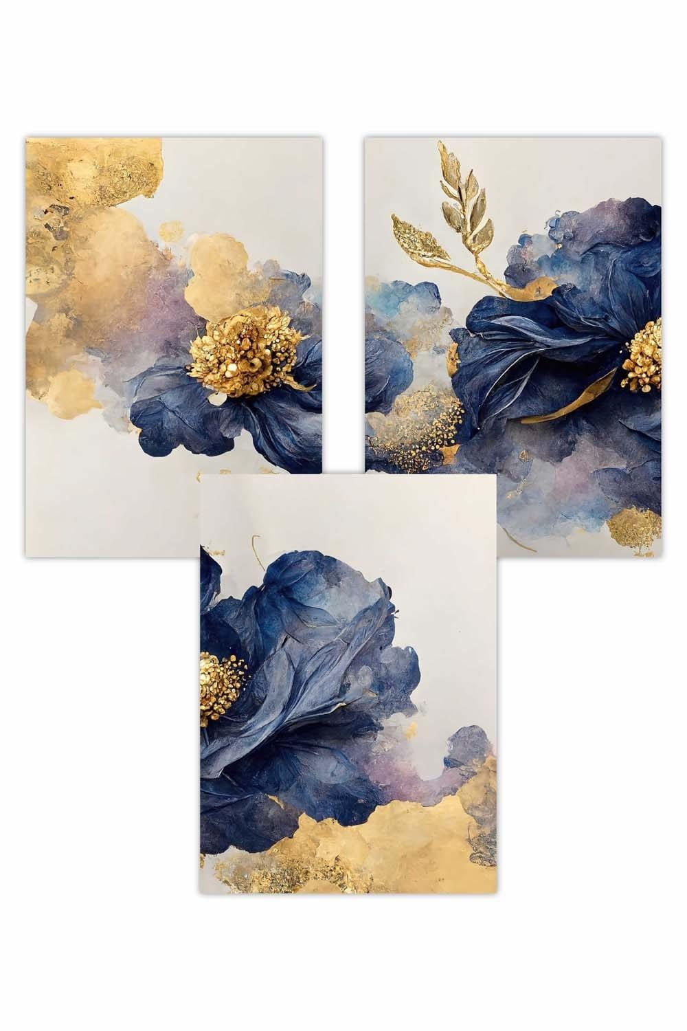 Set of 3  Abstract Flowers in Purple and Gold Art Posters