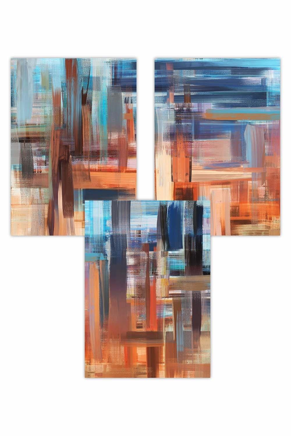 Set of 3 Geometric Abstract Sunset City In Blue and Orange Art Posters