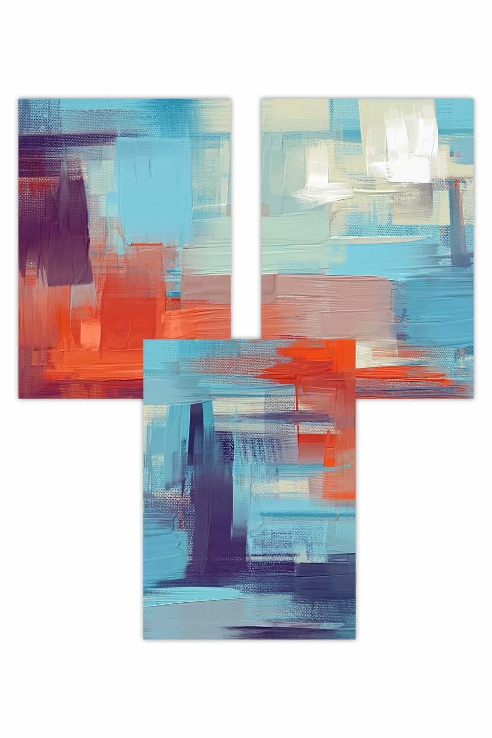 Set of 3 Geometric Abstract Sunset Plaza In Purple,Blue and Orange Art Posters