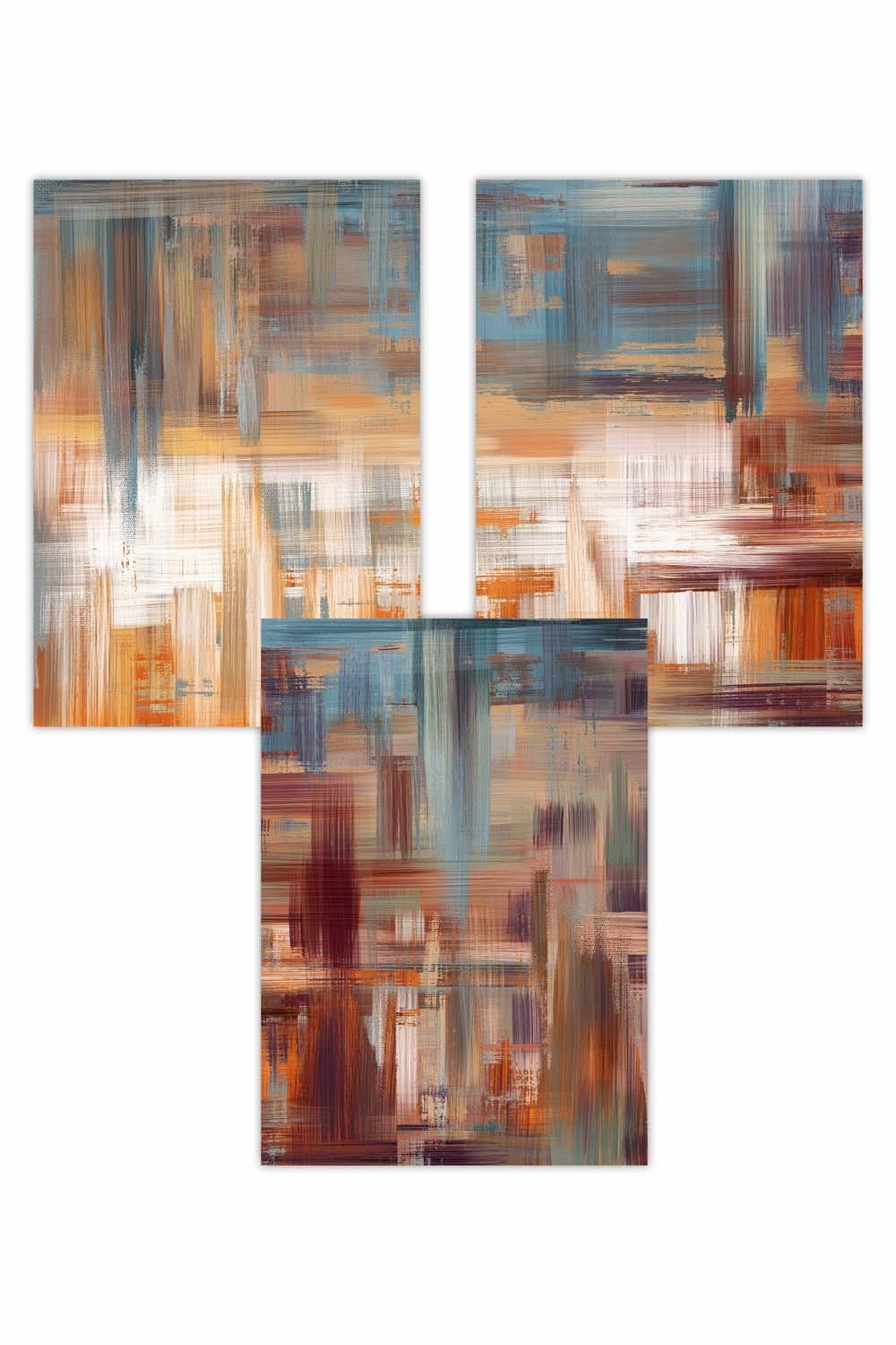 Set of 3 Geometric Abstract Urban Landscape In Blue Orange White Art Posters