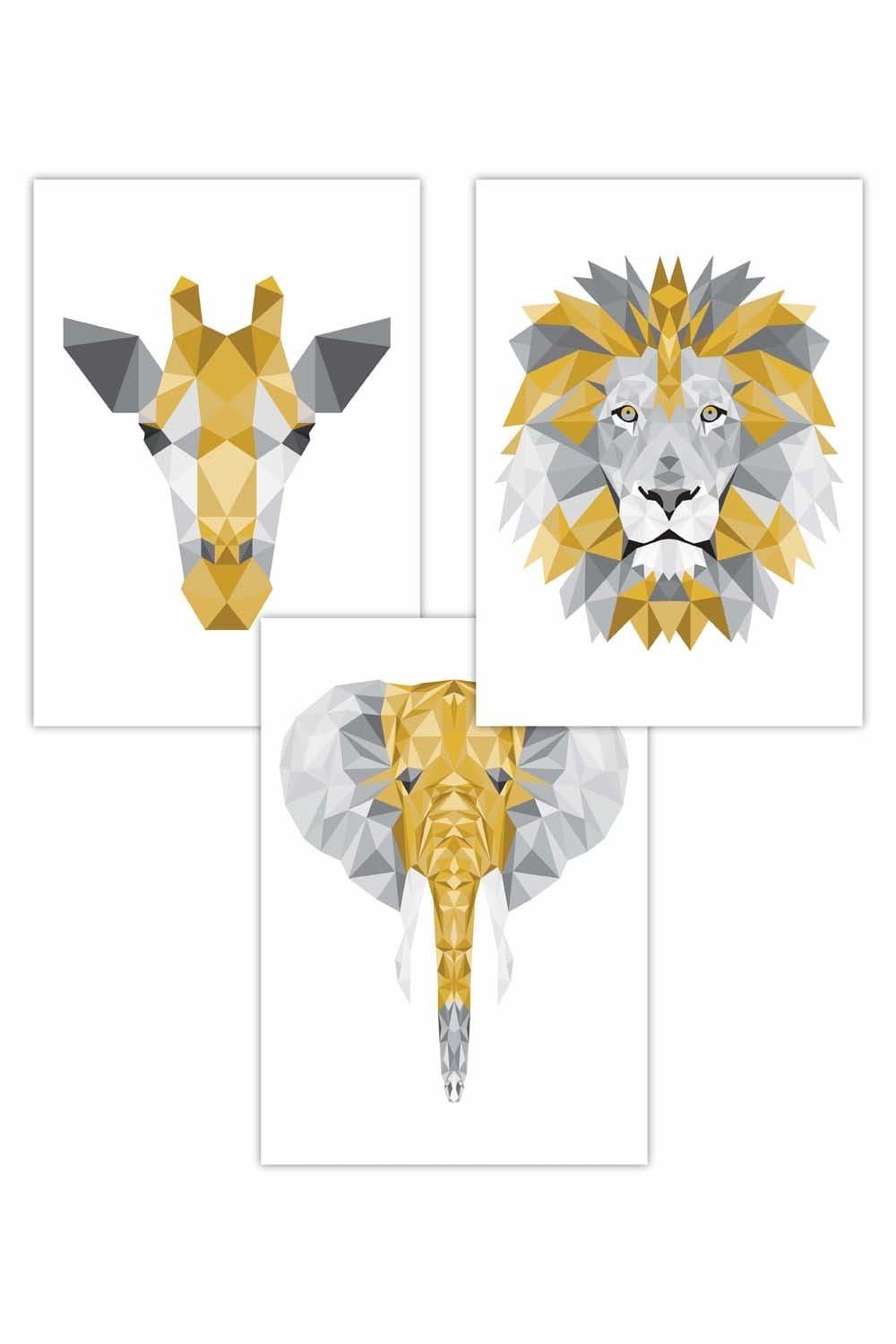 Set of 3 Geometric Yellow Grey Jungle Animal Heads Art Posters