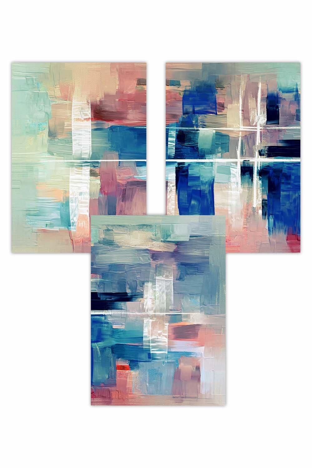 Set of 3 Geometric Abstract Strokes In Blue Pink Art Posters