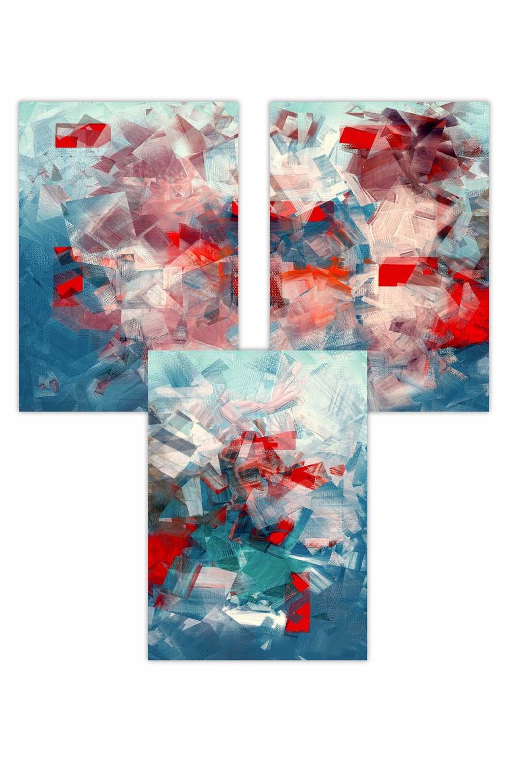 Set of 3 Geometric Abstract Squares In Red White and Blue Art Posters