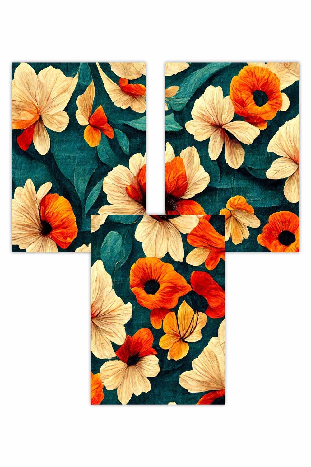 Set of 3  Abstract  Stylized Flowers in Teal and Orange Art Posters