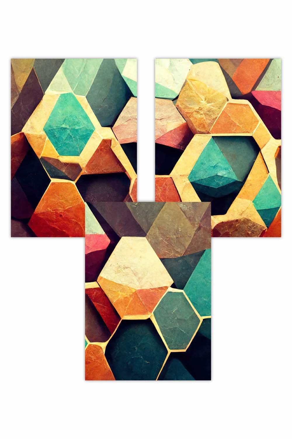 Set of 3 Geometric Abstract Colourful Hexagons Art Posters