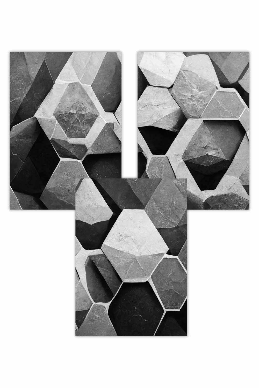 Set of 3 Geometric Abstract Black and Grey Hexagons Art Posters