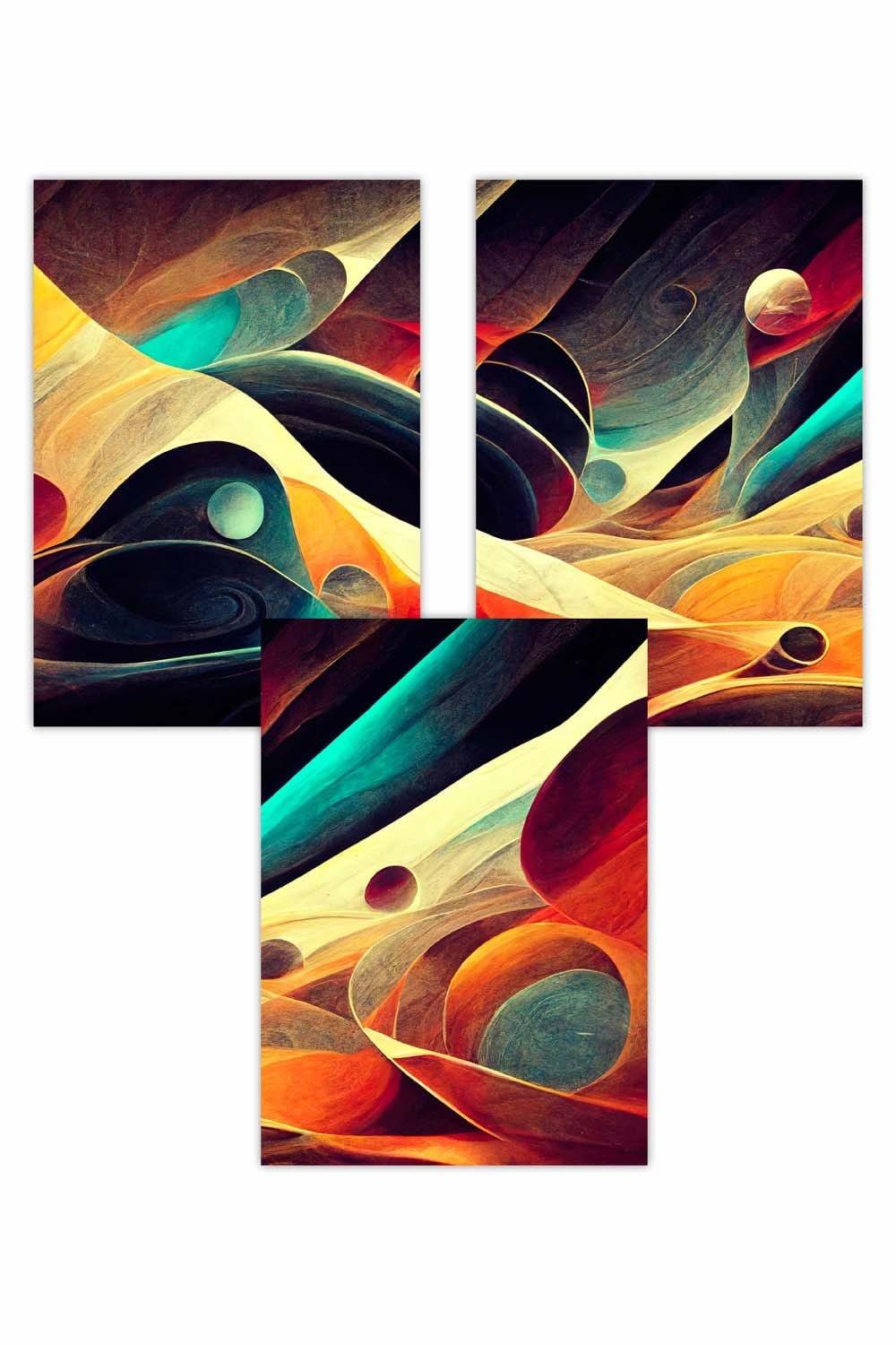 Set of 3 Geometric Abstract Bright Orange Blue and Yellow Mars Art Posters