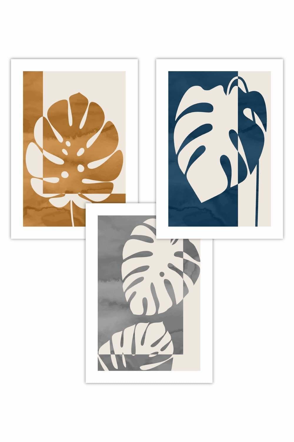 Set of 3 Mid Century Monstera in Orange and Blue Art Posters