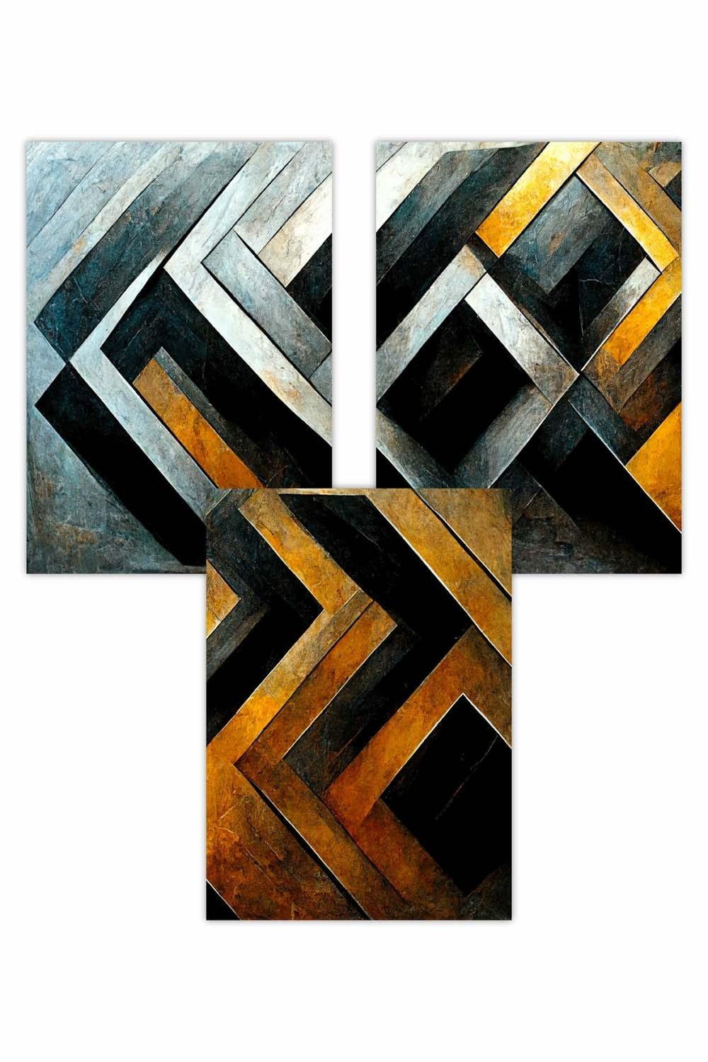Set of 3 Abstract Metallic Distressed Mosaic Art Posters