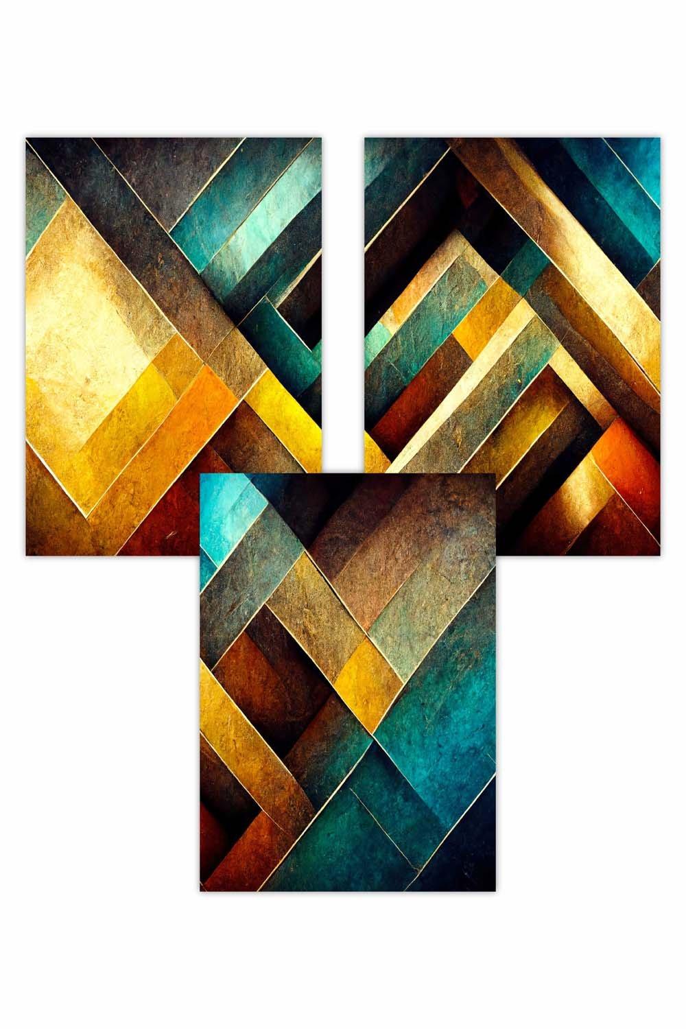 Set of 3 Abstract Multi Yellow Blue Distressed Mosaic Art Posters