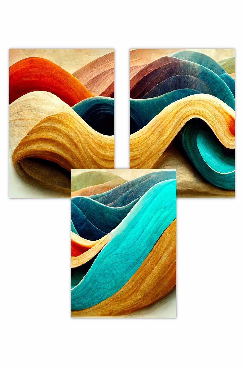 Set of 3 Abstract Yellow Blue Cerulean Waves Art Posters