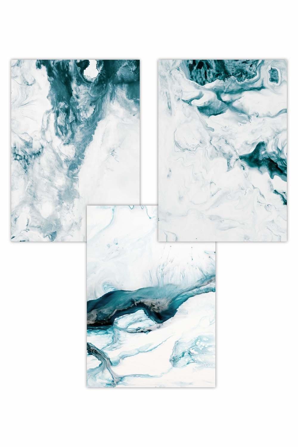 Set of 3 Teal Blue Abstract Ocean Waves Art Posters