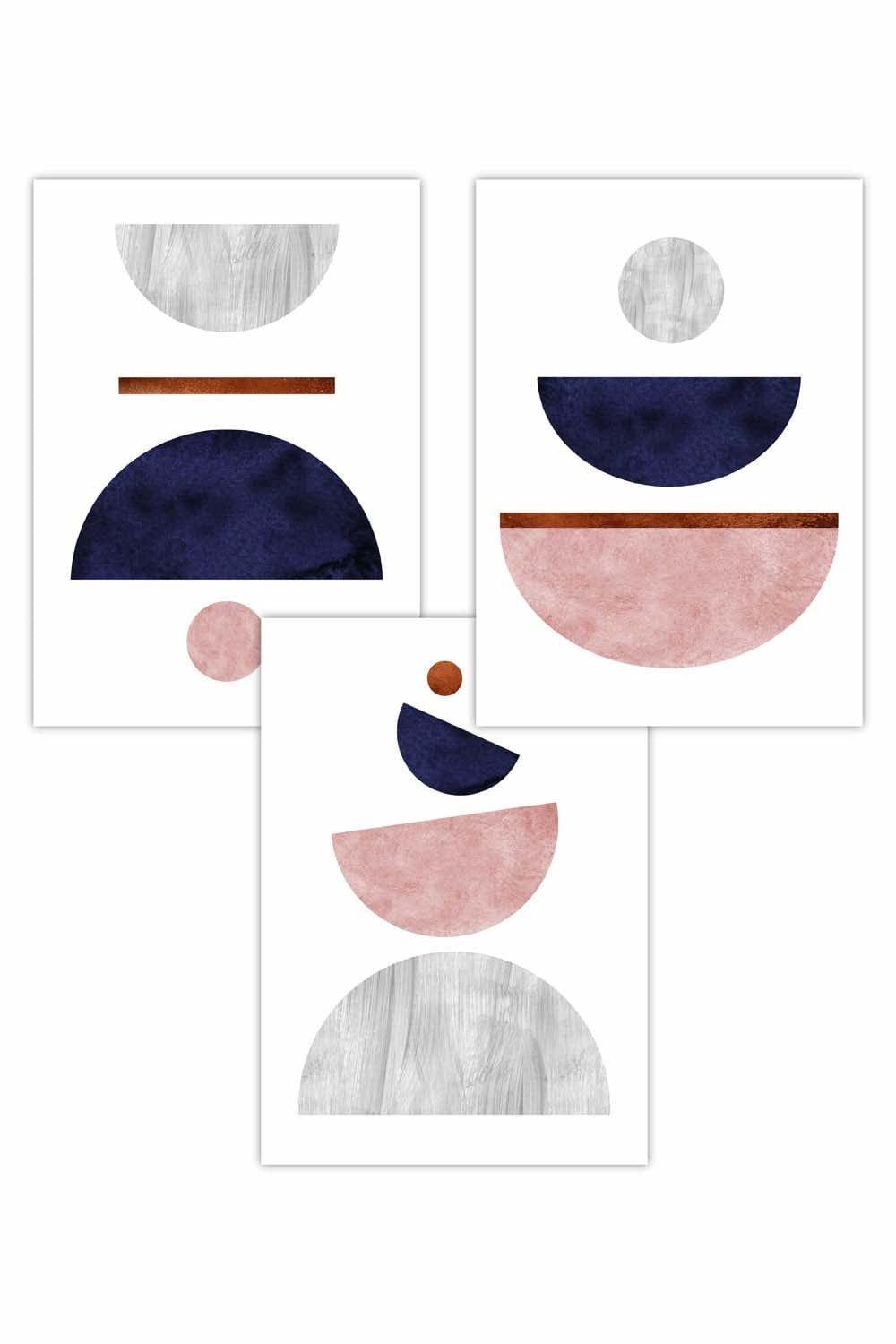 Set of 3 Navy, Pink and Grey Abstract Mid Century Geometric Art Posters