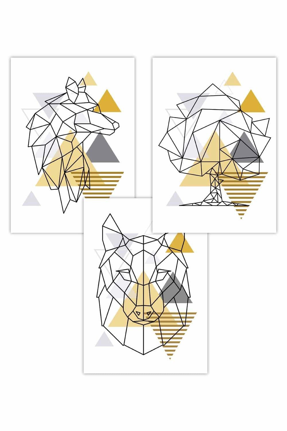 Set of 3 Geometric Line Art Yellow Wolf Art Posters