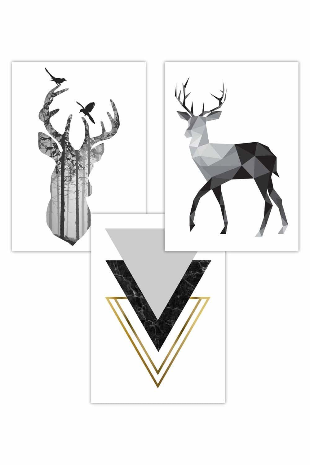 Set of 3 Graphical Geometric Black Grey Stag Set Art Posters