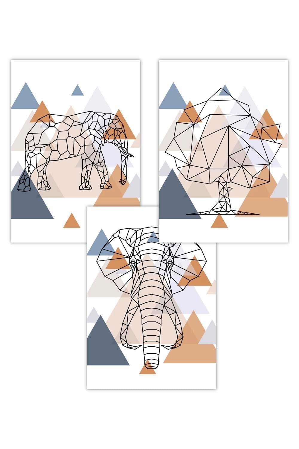 Set of 3 Geometric Line Art Multi Blue Orange Elephant Art Posters