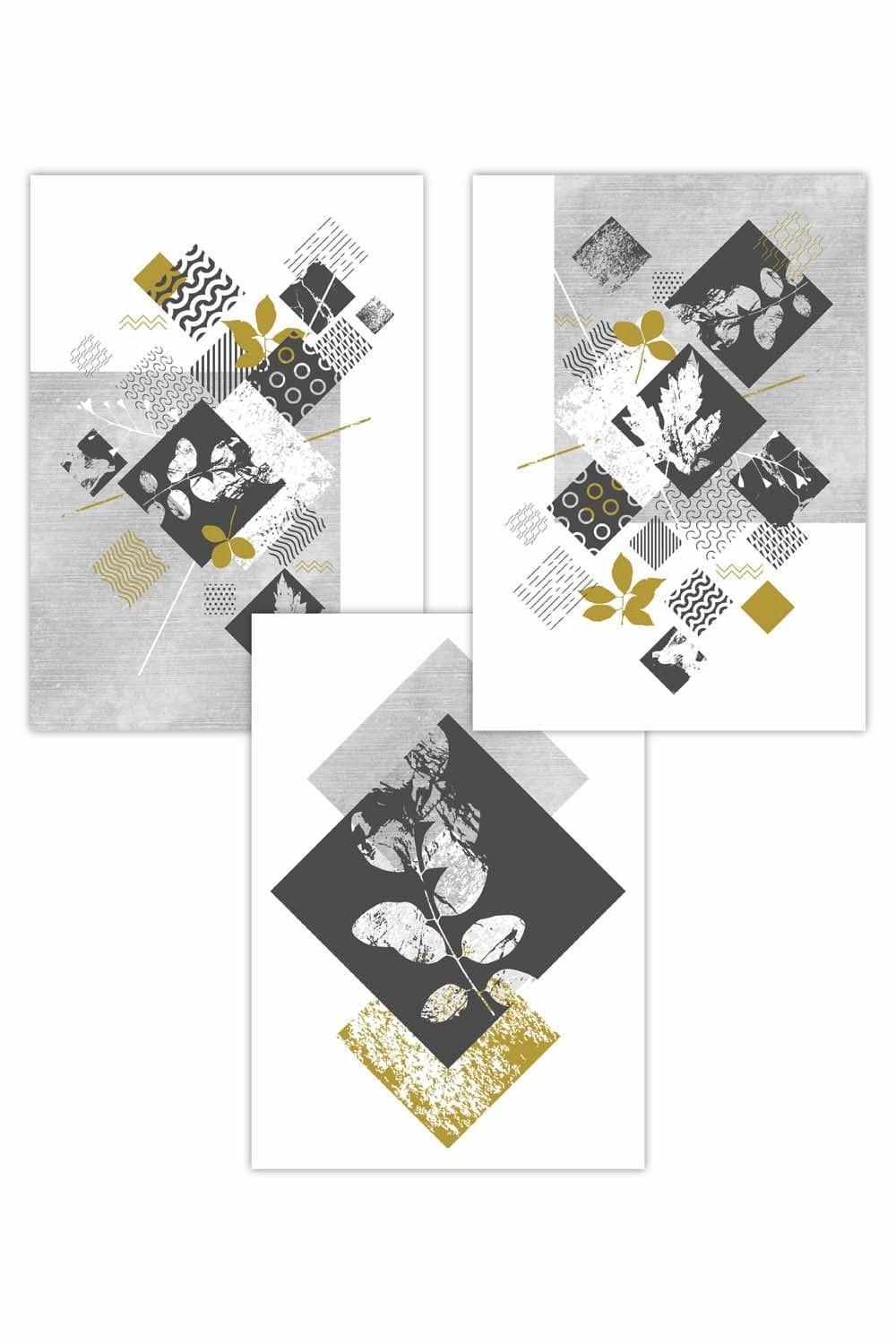 Set of 3 Graphical Abstract Floral Yellow Grey Art Posters