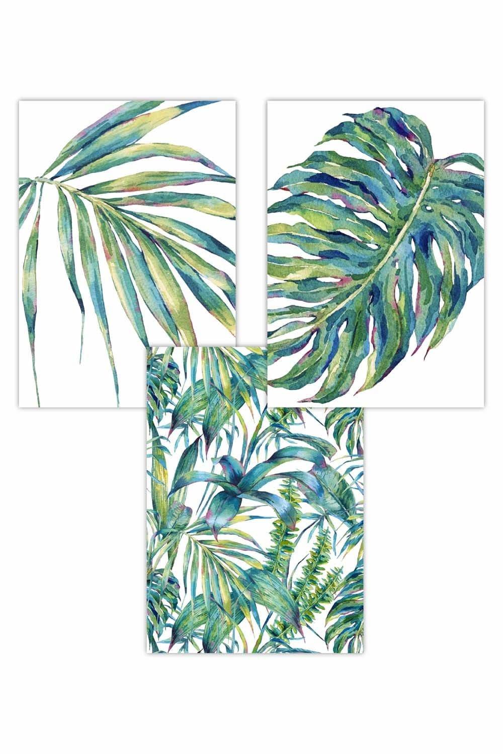 Set of 3 Tropical Plants and Pattern Green Blue Abstract Art Posters