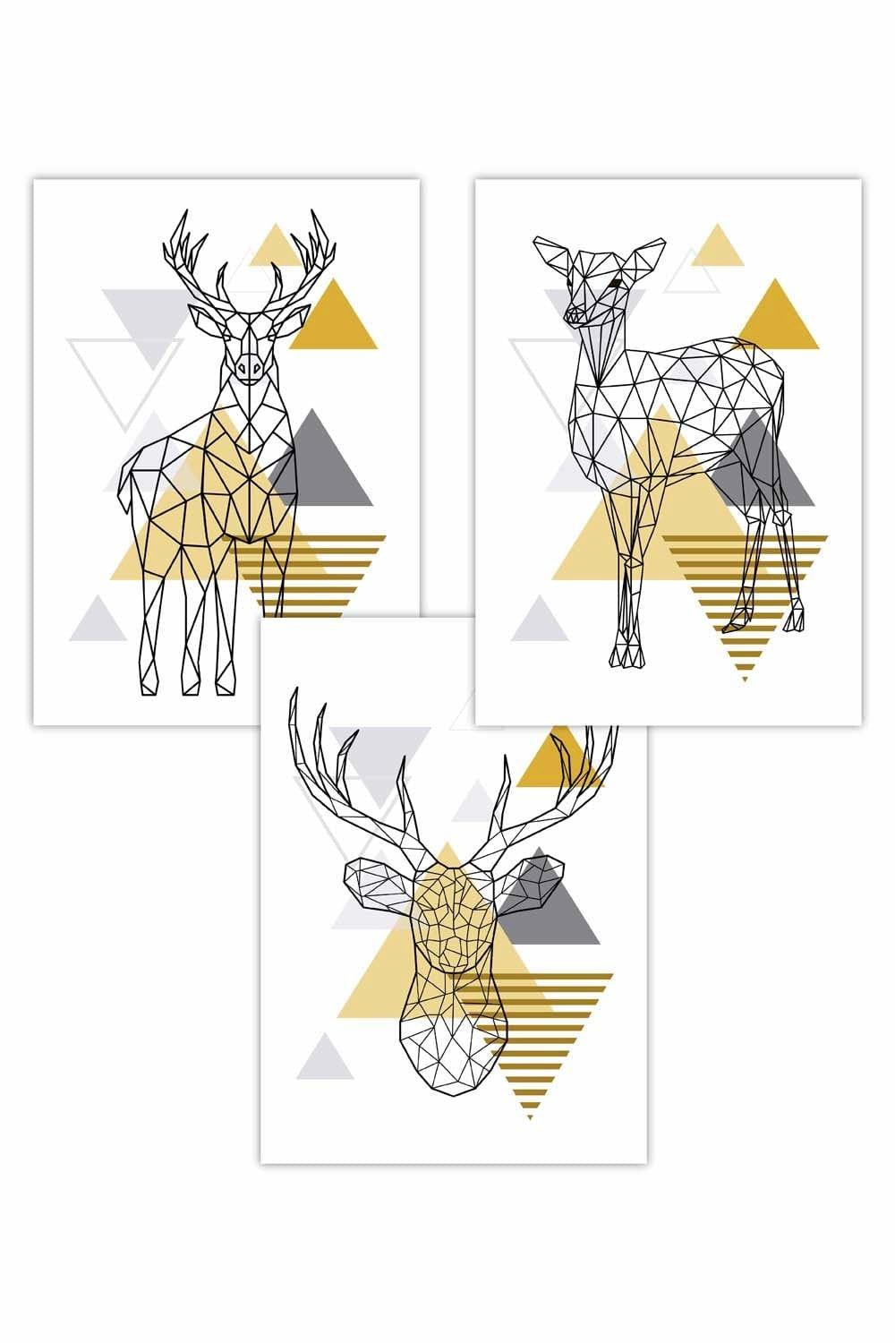 Set of 3 Geometric Line Art Yellow Stags Set Art Posters