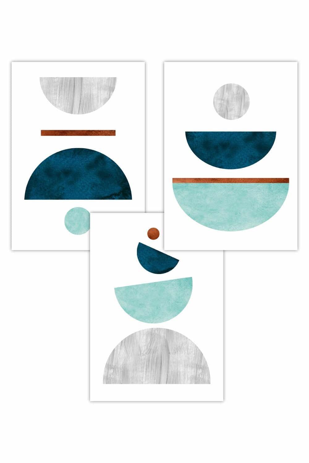 Set of 3 Teal, Mint Green and Grey Abstract Mid Century Geometric Art Posters