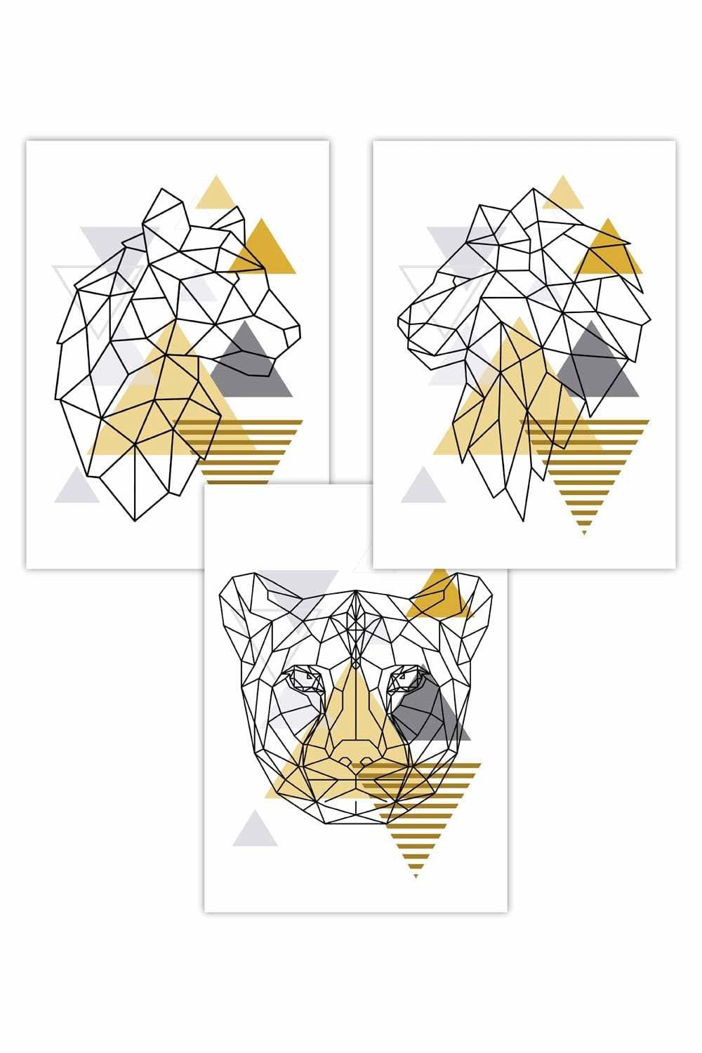 Set of 3 Geometric Line Art Yellow Big Cats Set Art Posters