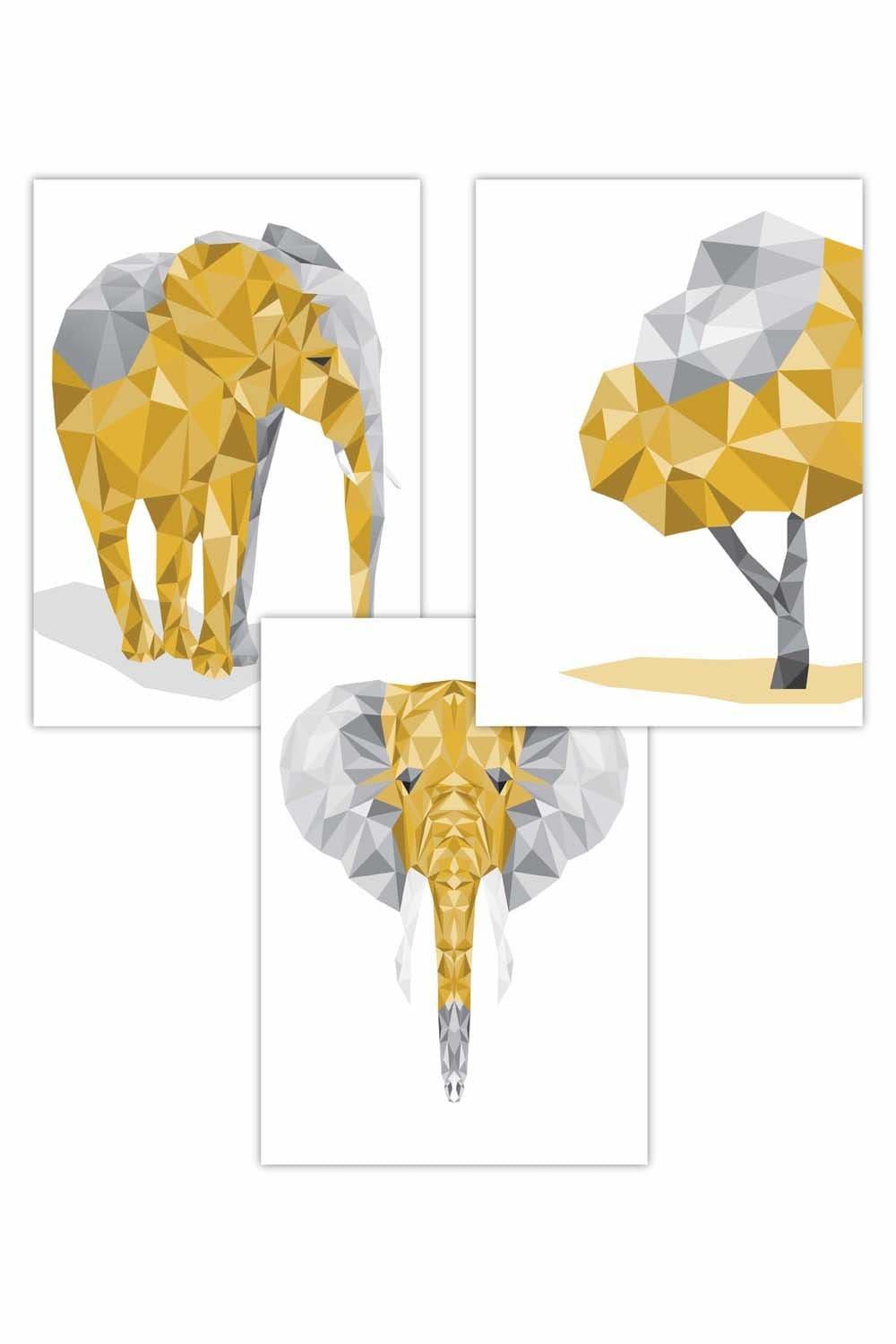 Set of 3 Geometric Yellow Grey Elephant Set Art Posters
