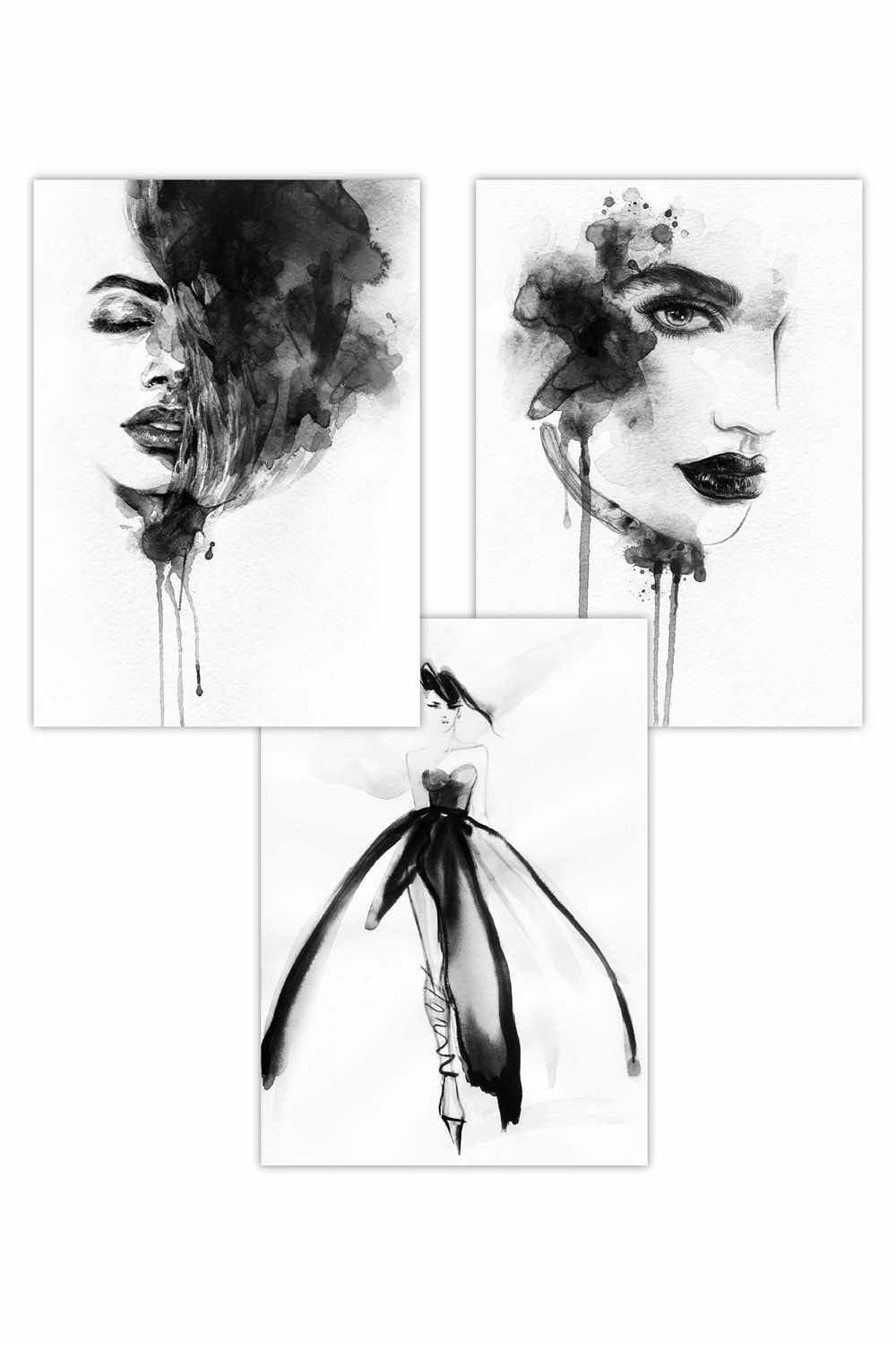 Set of 3 Black White Watercolour Fashion Faces Art Posters