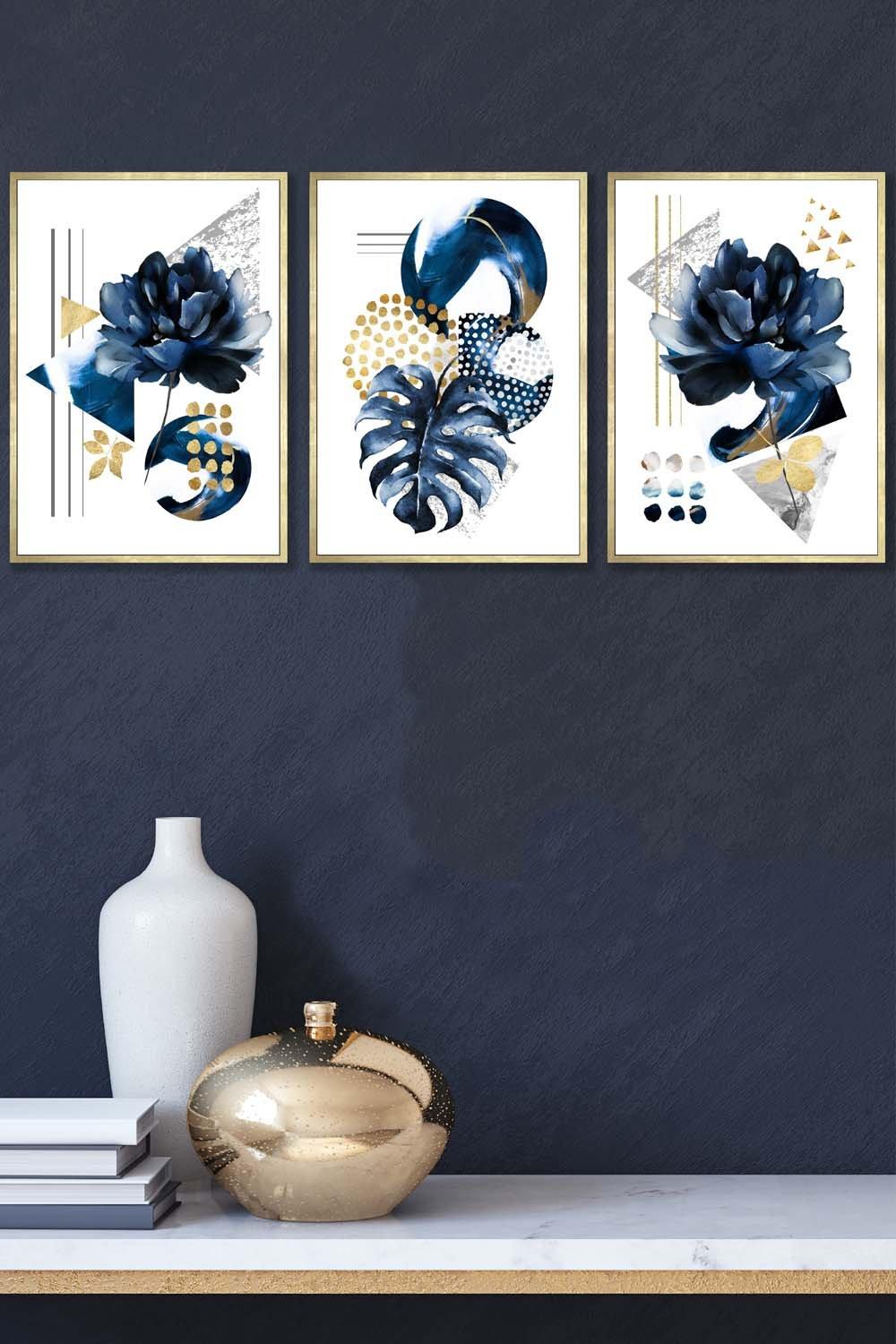 Set of 3 Gold Framed Abstract Blue and Gold Botanical Wall Art