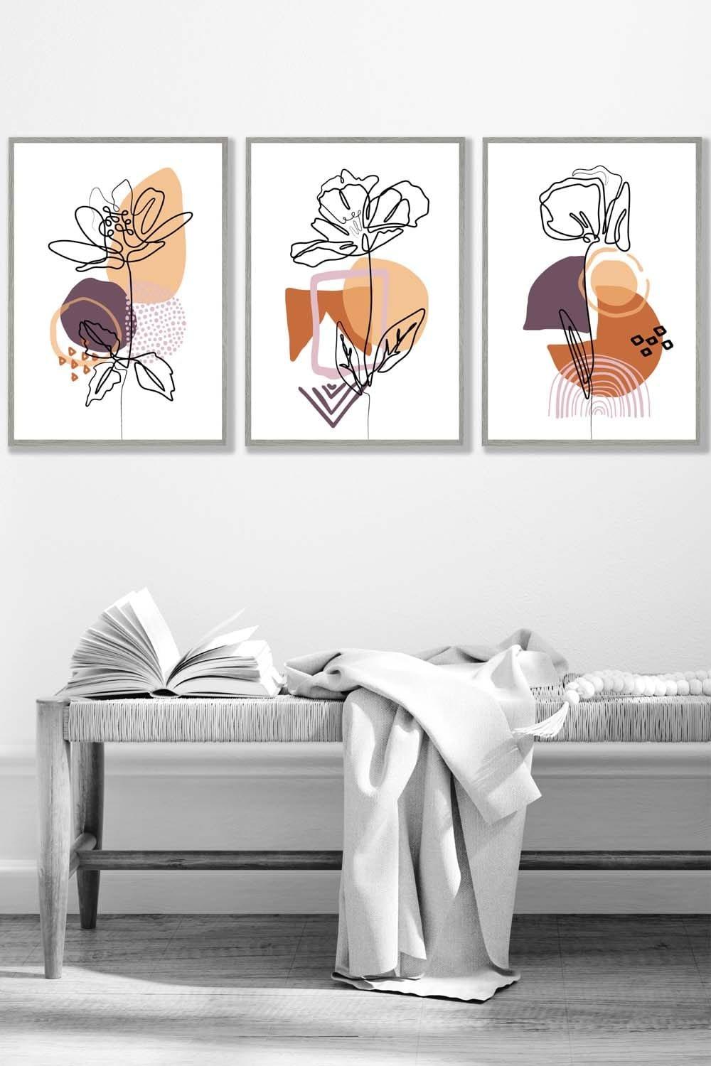Set of 3 Light Grey Framed Line Art Flowers on Purple Orange Boho Shapes Wall Art