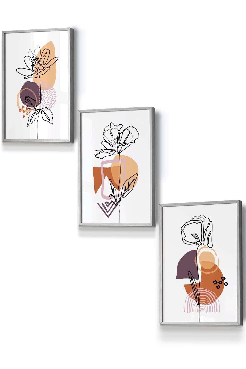 Set of 3 Light Grey Framed Line Art Flowers on Purple Orange Boho Shapes Wall Art