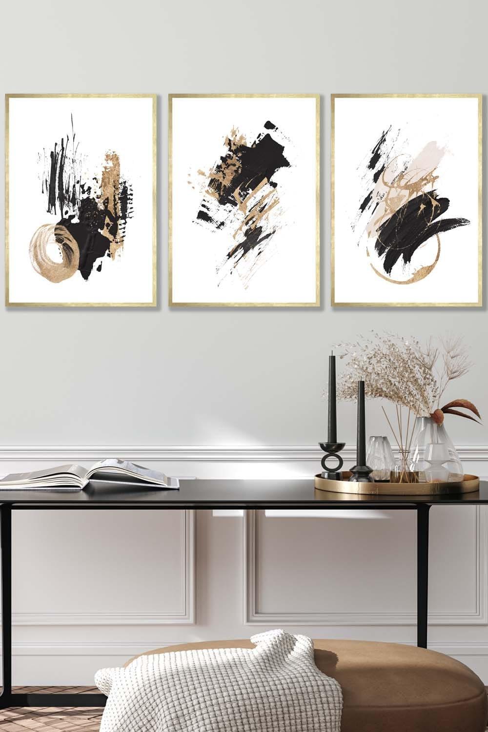 Set of 3 Gold Framed  Abstract Black Ivory and Gold Oil Strokes Wall Art