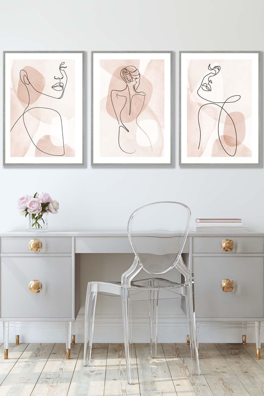 Set of 3 Light Grey Framed Coral Pink Abstract Line Art Female Wall Art
