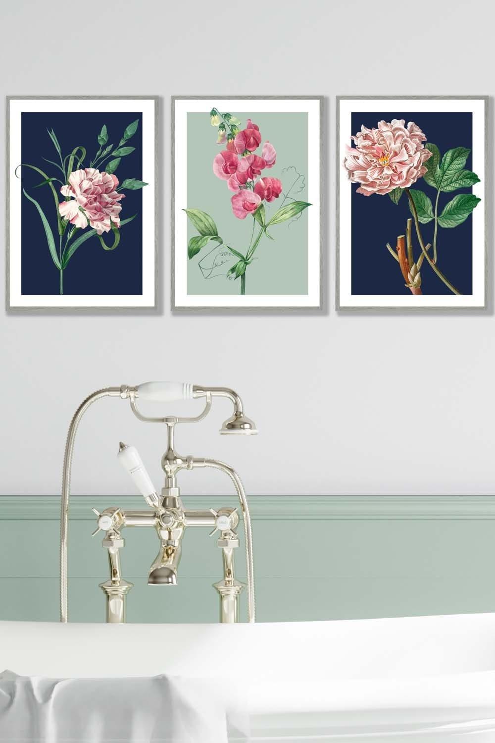 Set of 3 Light Grey Framed Vintage Flowers Navy Blue and Sage Green Wall Art